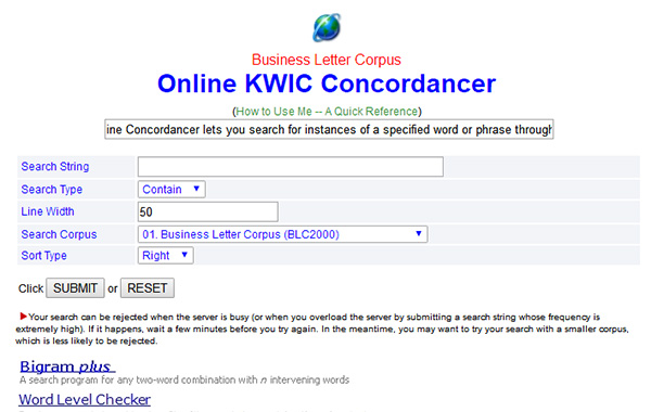 Online BLCKWIC Concordancer(雙語，英語、日語)